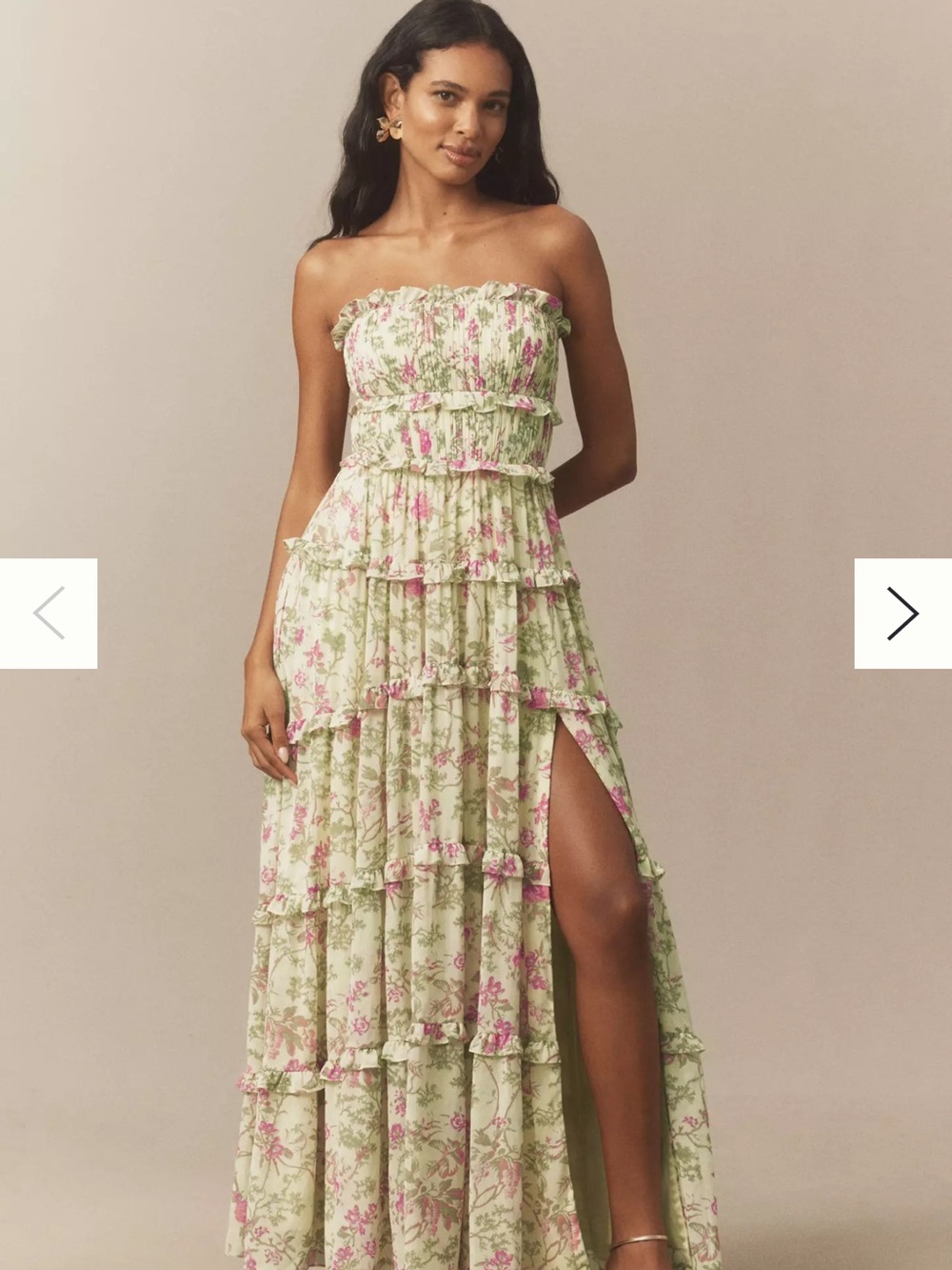 BHLDN by anthropologie Floral Chiffon Strapless Ruched Tiered Maxi Dress Medium